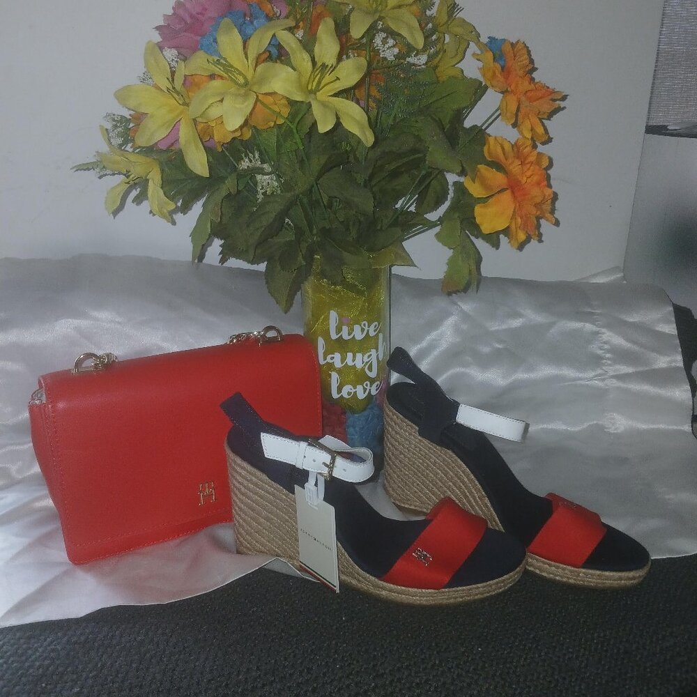 Tommy Hilfiger Espadrille Wedge Sandals + Matching Red Crossbody Bag